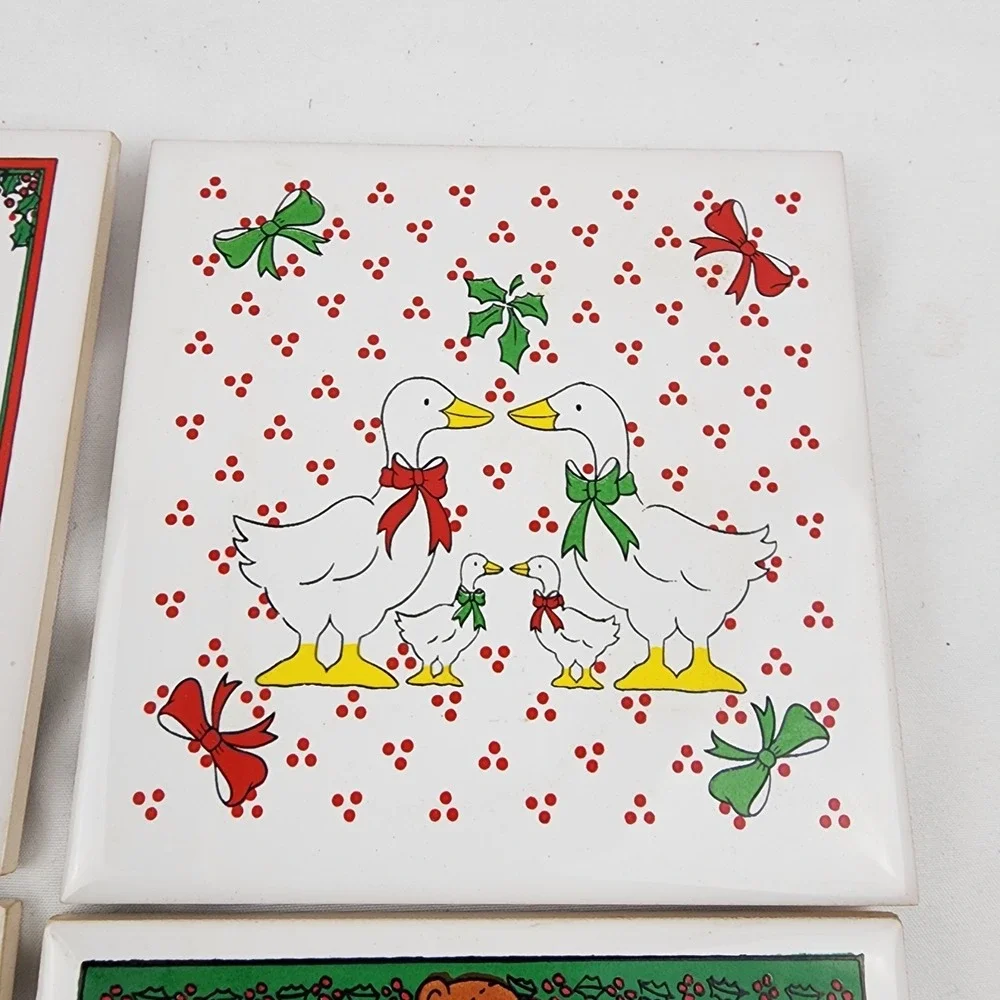 Vintage Christmas Goose Tree Bear Trivet Set Of 4 Country Decor Ceramic‎ Coaster